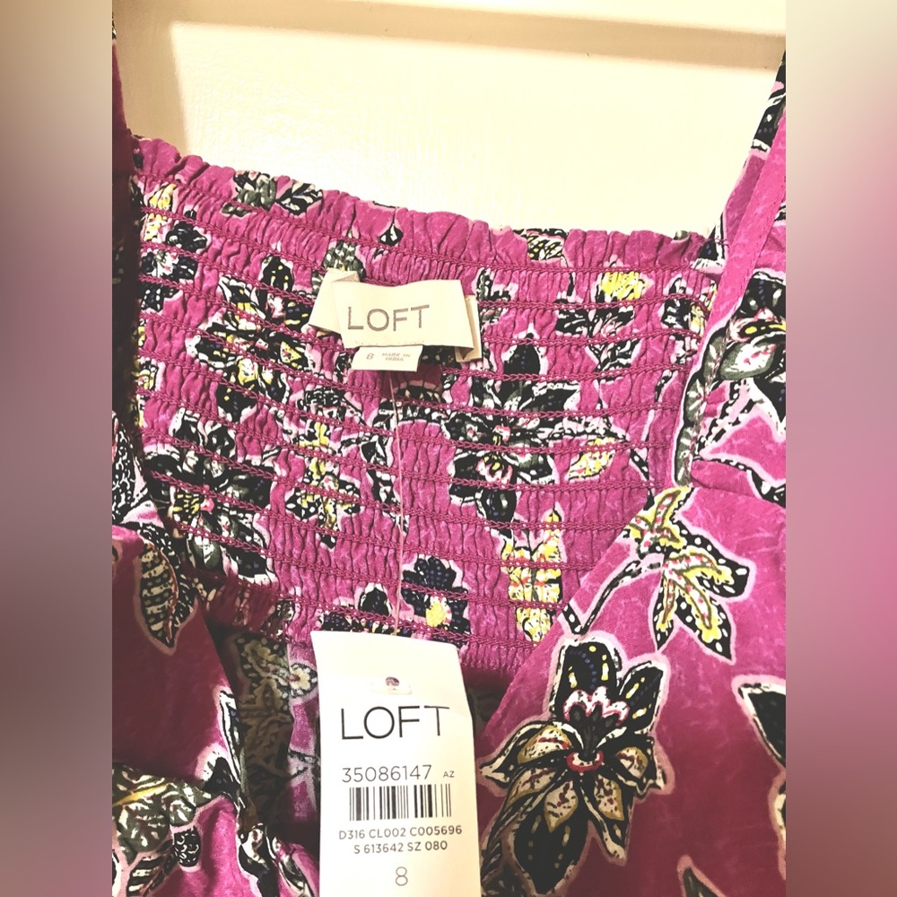 Loft Floral Midi Ruffle, Halter Dress/Magenta & Black Hibiscus/Size 8 - Picture 7 of 8